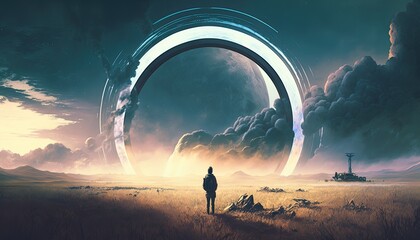 a man standing before a giant futuristic ring portal leading to other worlds, digital painting, ai art, illustration