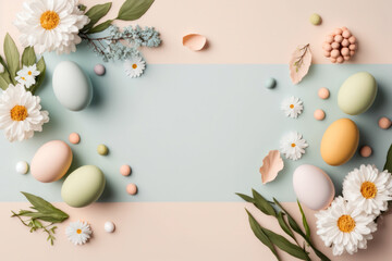 Modern Easter Minimalism Egg and Flowers background. Generative AI
