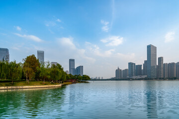 Fototapeta na wymiar Street view of modern buildings in Suzhou East Lake International Financial Center