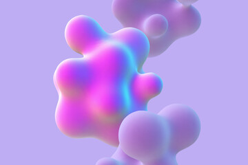 3D abstract liquid bubbles on purple background. Concept of future science: floating morphing spheres, molecular elements or nanoparticles. Fluid pink shapes in motion EPS 10, vector illustration. - 567637466