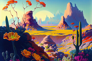 Colorful flowers in spring in Mexican desert landscape (Generative AI)