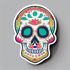 Colorful sugar skull as sticker for day of the dead celebration (Generative AI)