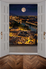 View from the window, beautiful evening landscape. Photo wallpaper with a view of the city. View from the balcony. Fresco for the interior. - 567639804