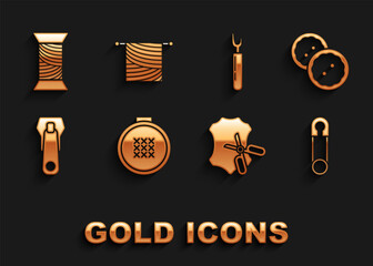 Set Round adjustable embroidery hoop, Sewing button for clothes, Classic closed steel safety pin, Scissors and leather, Zipper, Cutter tool, thread spool and Knitting icon. Vector