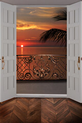 View from the window, beautiful evening landscape. Photo wallpaper with sea view. View from the balcony to the sunset. Fresco for the interior. - 567639814