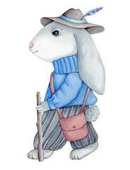 Cute fun bunny rabbit hare, cartoon character. Watercolor hand painted art.  © Yelena
