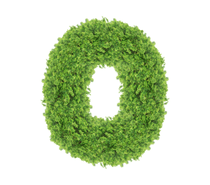 Grass number Zero isolated on white background. Symbol 0 with the green lawn texture. Eco symbol collection. with clipping path and alpha channel for both printing and web pages.