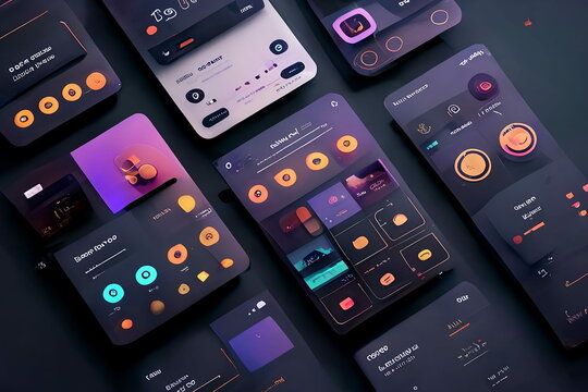 Modern user interface design template. Conceptual mobile phone screen mock-up for application interface.  Aesthetic, dark purple, orange, blue, black.