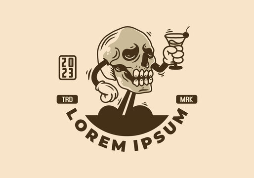 character illustration badge of skull head holding a wine glass