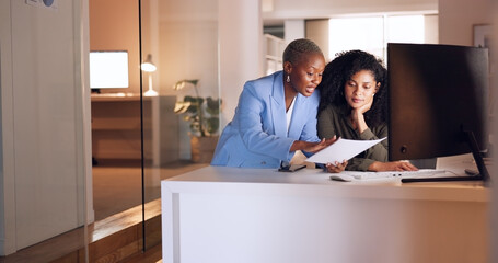Business woman coaching worker at night modern office, planning documents research and company...