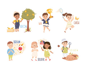 Little Boy and Girl Demonstrating Different Activity as Verb Learning Vector Set