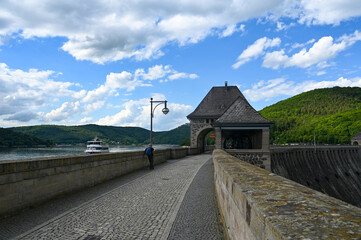 Walkway on the dam wall at the Edersee at the dam, Hesse, Germany