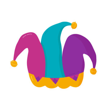 Jester hat with bells. Carnival head wear in flat style. Vector, png on transparent background
