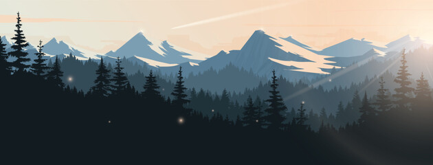 Vector illustration of landscape and pine forest. Sunrise in the mountains.