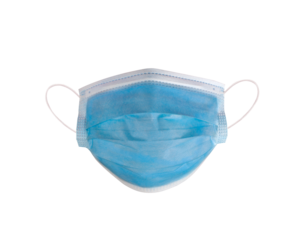 Blue medical protective masks, from different angles isolated on white. Corona virus protection mask with ear loop, in a front, three-quarters, and side views.