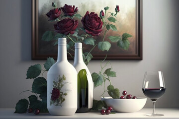 Rote Rosen in einer weißen Vase vor einem Gemälde. Romantisches Deko-Motiv. - 567643600
