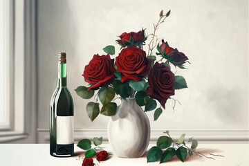Weiße Vase mit roten Rosen auf weißem Tisch mit einer Flasche Rotwein. Leere Flaschenetikett. Weißer Hintergrund. Malerei - 567643602