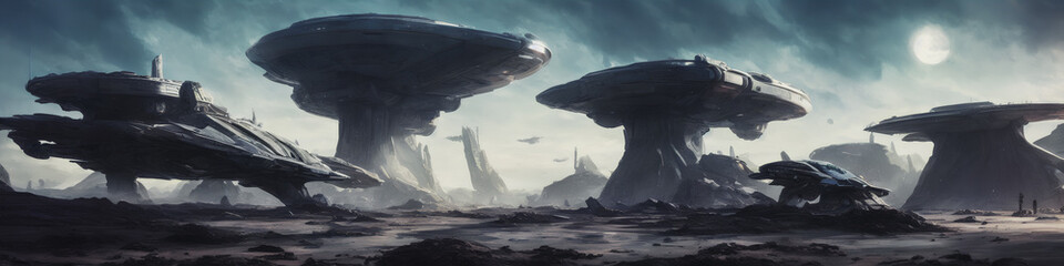 Panoramic view of a planet featuring alien structures, sci-fi landscape.. Generative AI