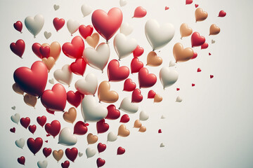Happy Valentinstag. Herzen als Luftballons steigen in die Luft. Weißer Hintergrund. Keine Menschen. Rote, weiße und rosa Herzballons. Liebe und Romantik, Hochzeit. - 567643625
