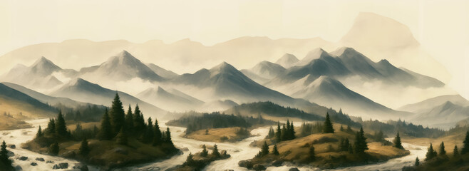 Vast painting of mountains and rivers in watercolor style. Generative AI