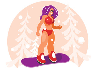Female snowboarder. Snowboarder woman character standing on board in bikini. Vector graphics