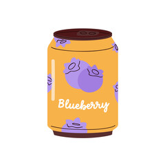 Berry drink, lemonade in tin. Blueberry flavored soda, juicy beverage packed in aluminum can. Cold cooling summer refreshment in metal jar. Flat vector illustration isolated on white background