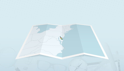 Map of Delaware with the flag of Delaware in the contour of the map on a trip abstract backdrop.