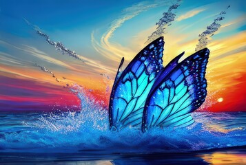 two blue butterflies diving into the sea at sunset with a colorful sky in the background and a splash of water