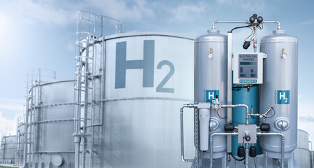 Machine for the production of hydrogen by electrolysis against the background of storage tanks