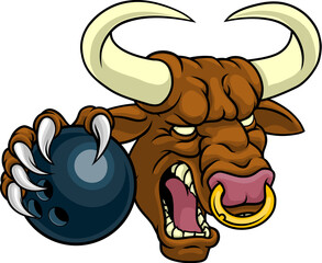 A bull or Minotaur monster longhorn cow angry mean ten pin bowing mascot cartoon.