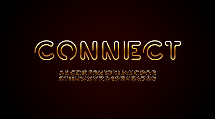 Fototapeta premium Metallic font alphabet from golden round wire, technology gold style letters and numbers, vector illustration 10EPS