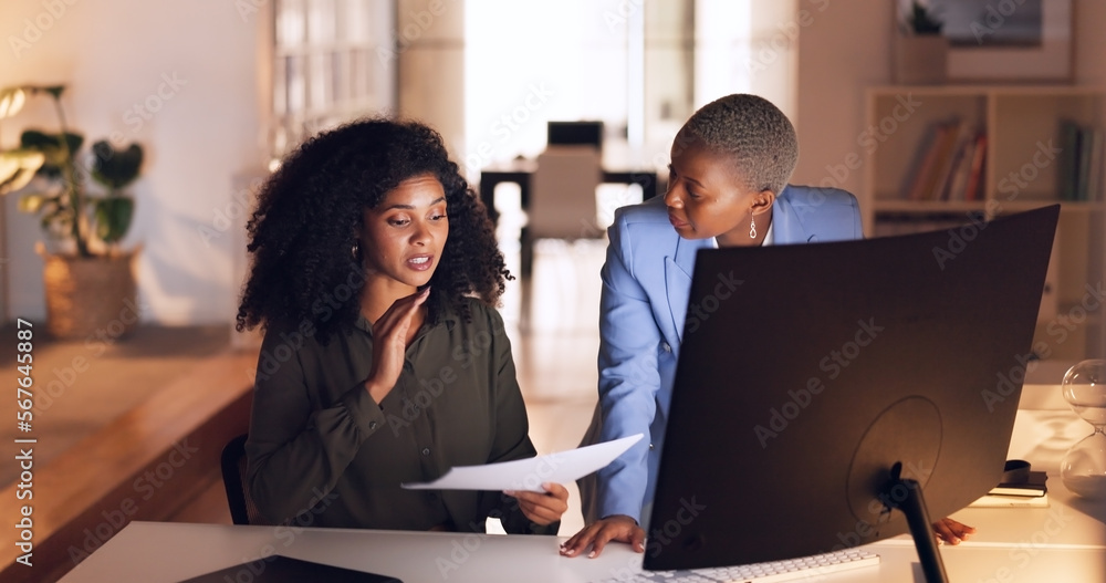Poster documents, collaboration and talking with a business woman team working in their office at night. te