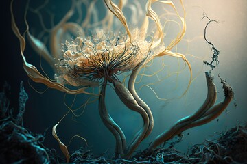 abstract illustration of cordyceps fungus hypha mycelium tendrils background, scary horrific creatures, generative ai