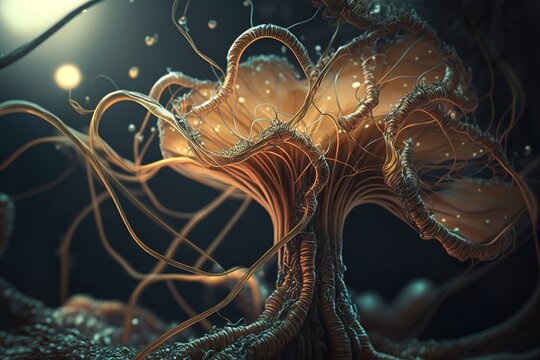 abstract illustration of mushroom fungus hypha mycelium tendrils, scary horrific creatures, generative ai