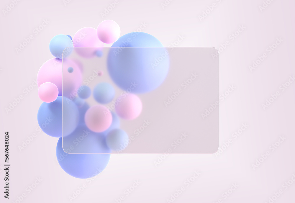 Aufkleber glassmorphism rectangle plate with bright color geometric spheres on background 3d render. frosted g