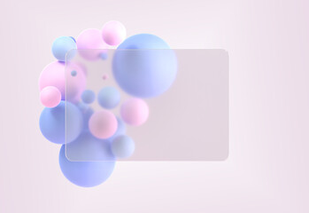Glassmorphism rectangle plate with bright color geometric spheres on background 3d render. Frosted glass effect, translucent acrylic shape with thin light border, glass morphism style