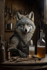 A bartender wolf who prepare a drink.