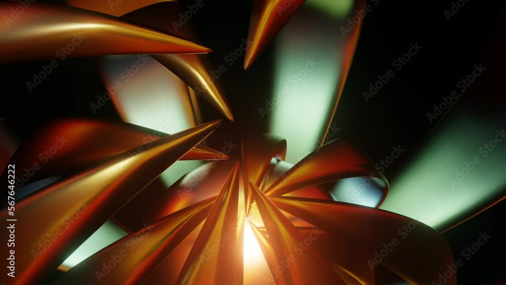 Poster looped abstract animated background moving petals around a sphere on a black background. 3d render