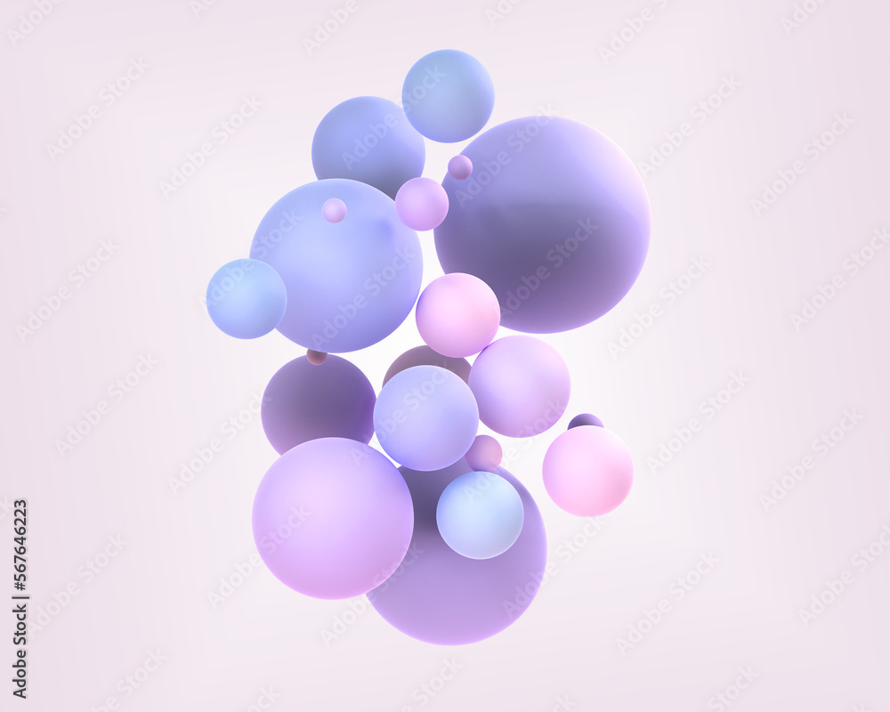 Poster abstract background with geometric spheres 3d render. holographic balls with gradient texture, color