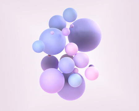 Abstract background with geometric spheres 3d render. Holographic balls with gradient texture, colorful composition of flying purple pink blue circle balloons on beige backdrop