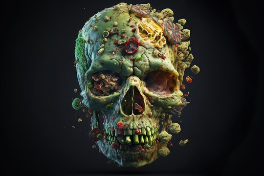 portrait of a horror zombie head with fungus growing on the head, generative ai