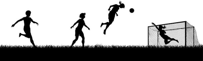 Women players footballers in silhouette scene playing a soccer or football match on a pitch
