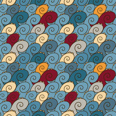 Sea swirling waves of blue, red, yellow color. Seamless vector ocean pattern.