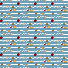 Red and yellow stars on a background of blue waves. Striped seamless nautical vector pattern.