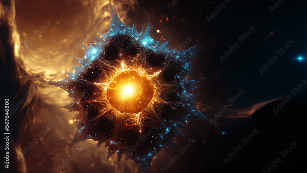 Poster View of the birth of a star in space during a nebula explosion. Nuclear fusion of cosmic clouds of gas and dusts. Universe background. Generative ai