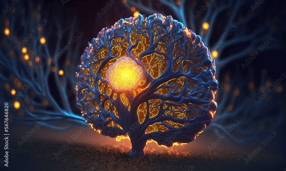 Fototapete Glowing brain background with neural links network. Illustration representing artificial intelligence neuronal activity. Generative AI