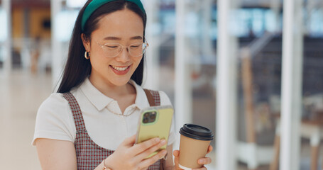 Digital marketing woman, smile and phone in workplace, social network or chat at communication...