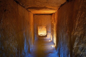 Dolmen de Viera,Spain - interior of megalithic burial tumulus. One of the largest known ancient megalithic structures in Europe.