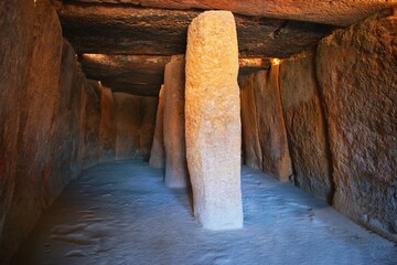 Dolmen de Menga,Spain - interior of megalithic burial tumulus.One of the largest known ancient...