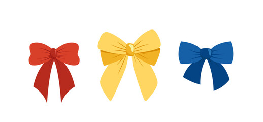 Bows of ribbon. Set of big bows. Red, blue, yellow or gold bows. Flat, cartoon, vector